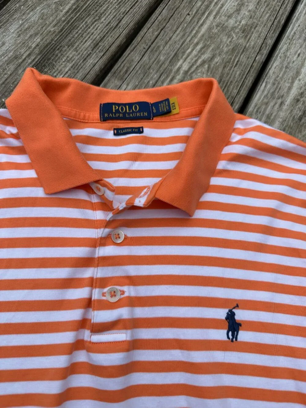 Polo Ralph Lauren Mens Large Short Sleeve Polo Classic Fit Stripes Orange Collar